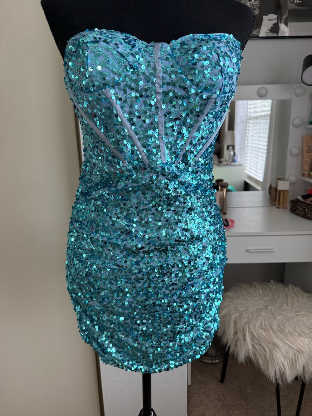 Morning Mist Sparkling Teal Strapless Sequin Mini Dress